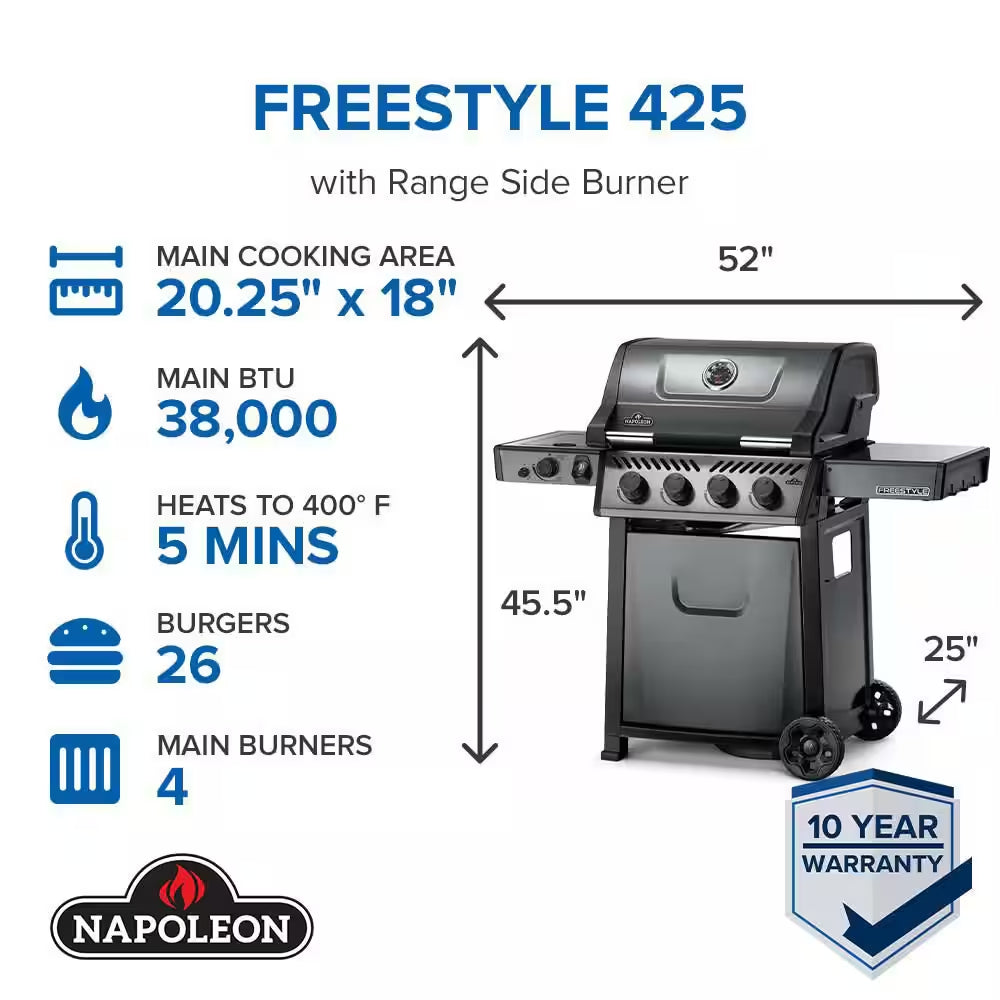 Freestyle 425 4-Burner Propane Gas Grill with Range Side Burner in Graphite Grey with Cast Iron Cooking Grids