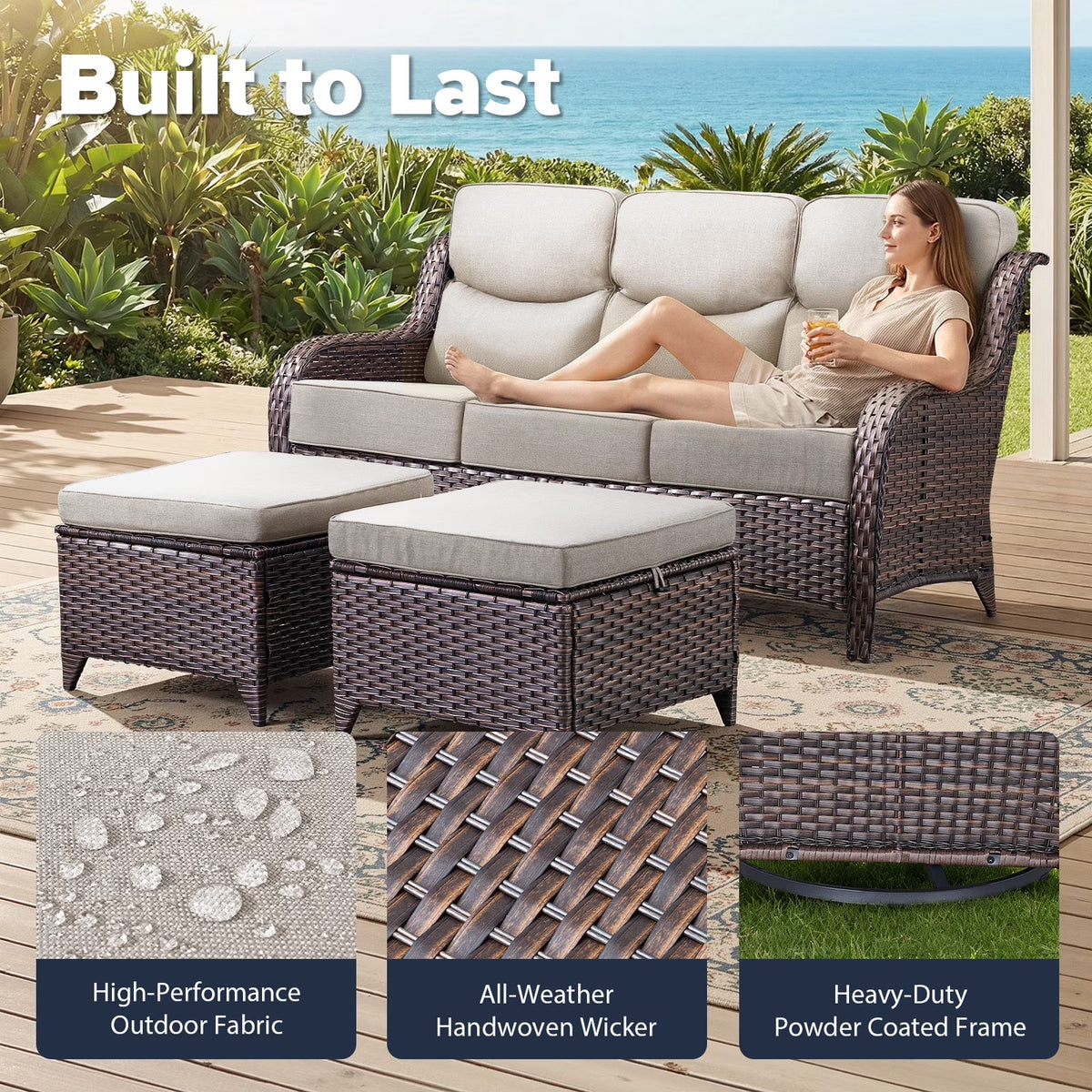 Luxury 9-Piece Outdoor Patio Furniture Set with Fire Pit Table,Swivel Rocker Chairs and 6" Thick Cushions,Wicker Sofa and Ottomans,Patio Conversation Sets for Porch Deck Garden Backyard