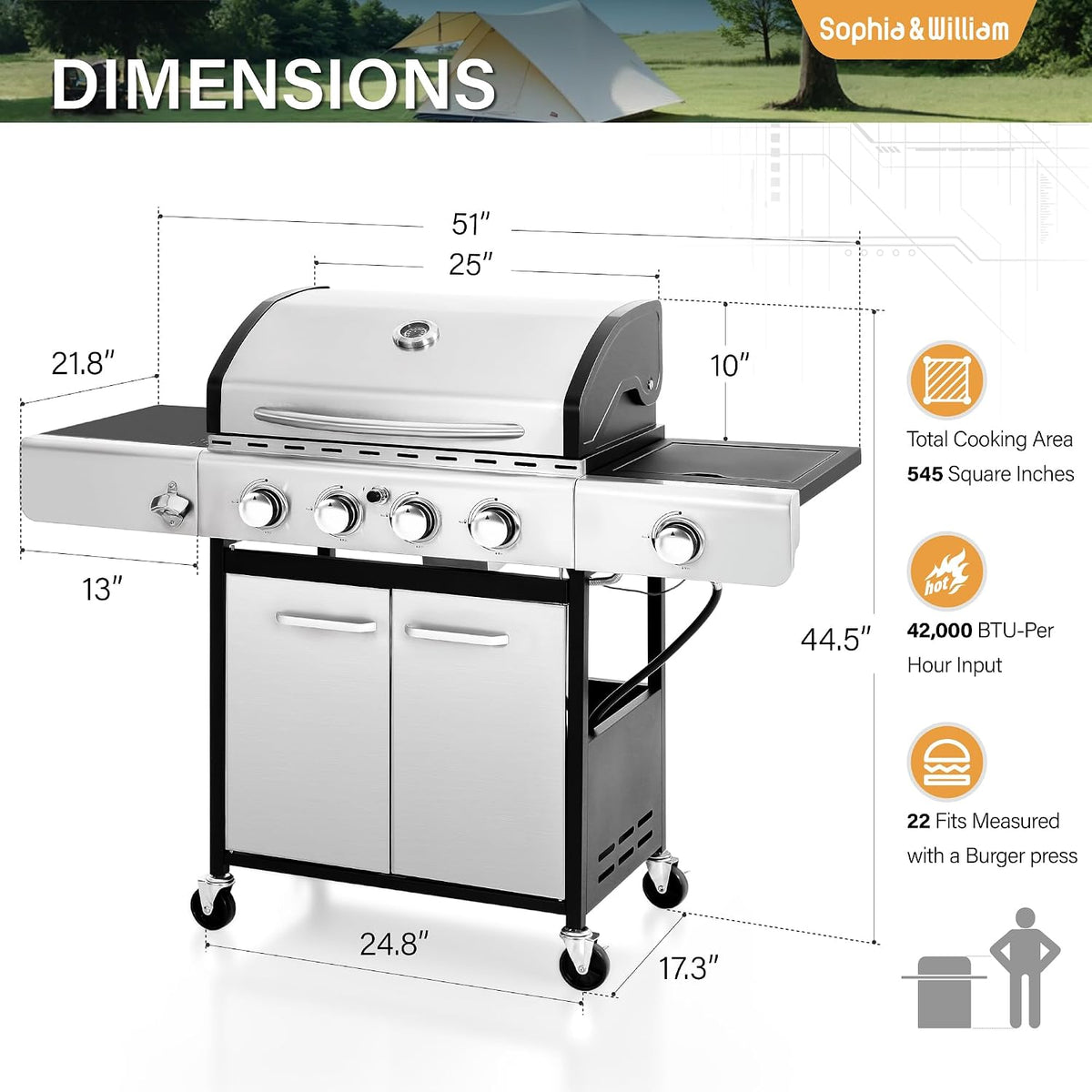 Propane Gas BBQ Grills with Side Burner,4 Burner,Silver