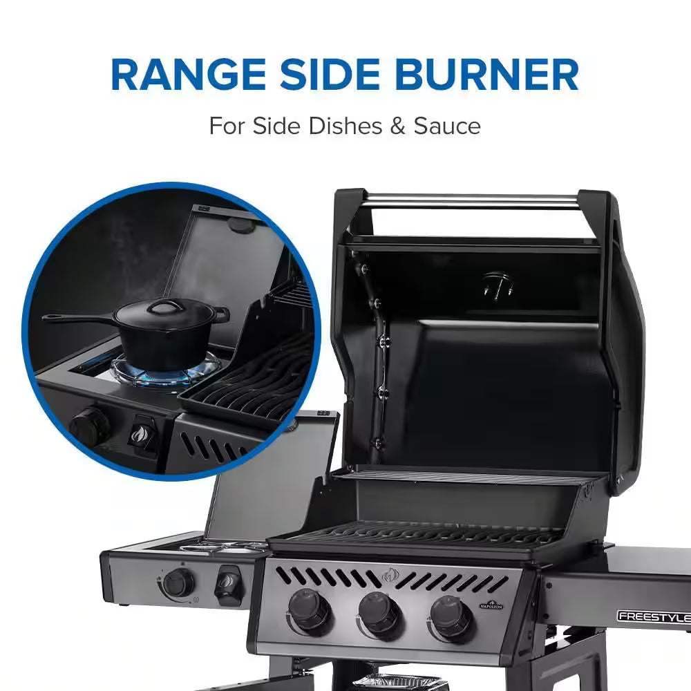 Freestyle 425 4-Burner Propane Gas Grill with Range Side Burner in Graphite Grey with Cast Iron Cooking Grids