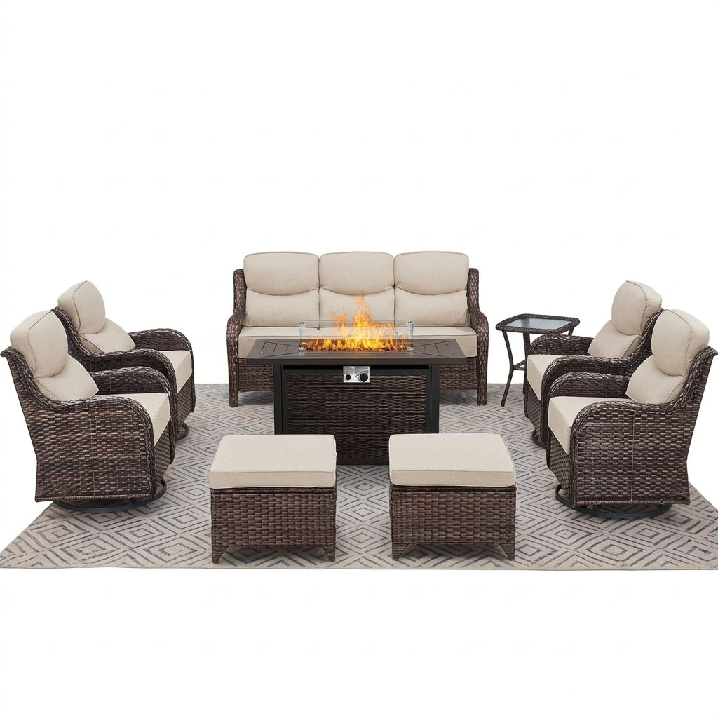 Luxury 9-Piece Outdoor Patio Furniture Set with Fire Pit Table,Swivel Rocker Chairs and 6" Thick Cushions,Wicker Sofa and Ottomans,Patio Conversation Sets for Porch Deck Garden Backyard