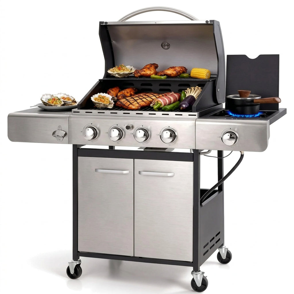 Propane Gas BBQ Grills with Side Burner,4 Burner,Silver