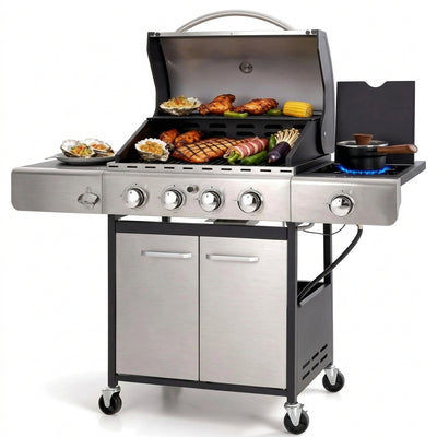 Propane Gas BBQ Grills with Side Burner,4 Burner,Silver