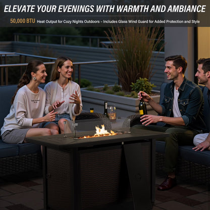 Luxury 9-Piece Outdoor Patio Furniture Set with Fire Pit Table,Swivel Rocker Chairs and 6" Thick Cushions,Wicker Sofa and Ottomans,Patio Conversation Sets for Porch Deck Garden Backyard
