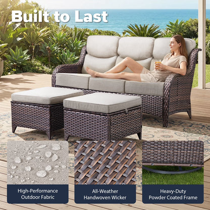 Luxury 9-Piece Outdoor Patio Furniture Set with Fire Pit Table,Swivel Rocker Chairs and 6" Thick Cushions,Wicker Sofa and Ottomans,Patio Conversation Sets for Porch Deck Garden Backyard