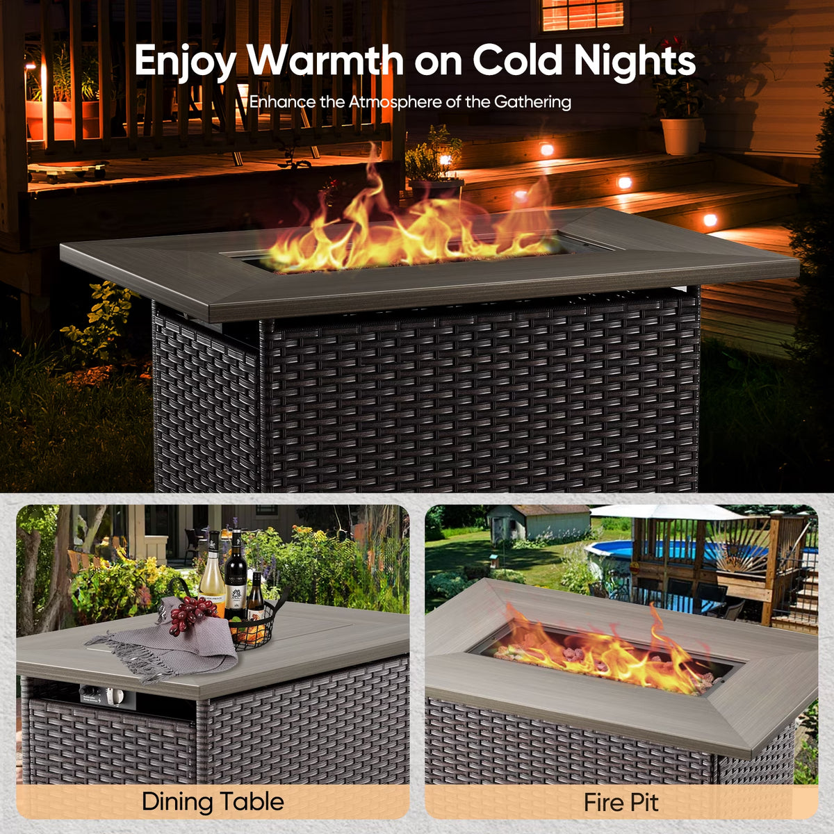 Luxury 6 Pieces Patio Furniture Set with 41” Propane Fire Pit Table,Rattan Outdoor Deep Seating Conversation Set with Swivel Glider Patio Chair and Rattan Sofa for Porch Backyard Balcony