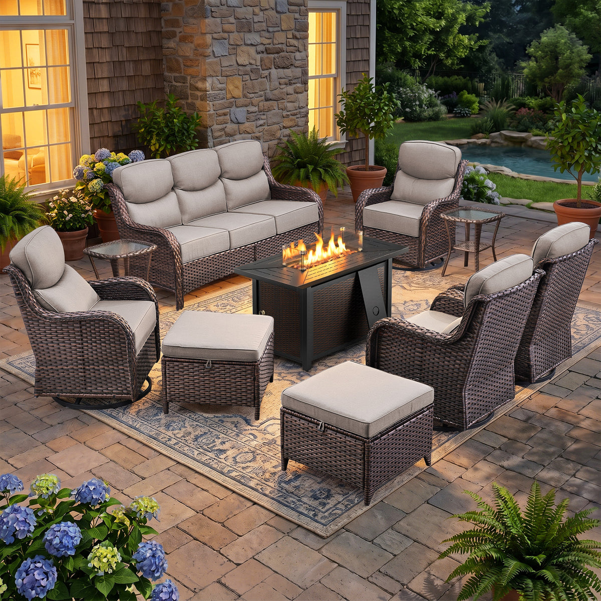 Luxury 9-Piece Outdoor Patio Furniture Set with Fire Pit Table,Swivel Rocker Chairs and 6" Thick Cushions,Wicker Sofa and Ottomans,Patio Conversation Sets for Porch Deck Garden Backyard