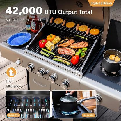 Propane Gas BBQ Grills with Side Burner,4 Burner,Silver