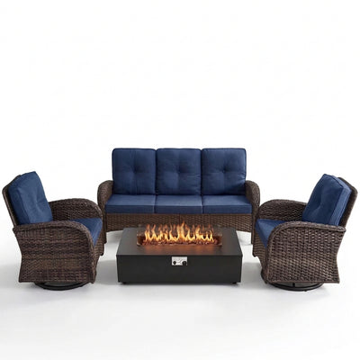 5PCS Patio Furniture Sets with Fire Pit, Brown Wicker Outdoor Patio Furniture Set with Couch, Outdoor Swivel Chair, and 43" Propane Firepit Table for Porch, Deck, Backyard