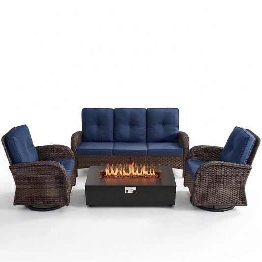 5PCS Patio Furniture Sets with Fire Pit, Brown Wicker Outdoor Patio Furniture Set with Couch, Outdoor Swivel Chair, and 43" Propane Firepit Table for Porch, Deck, Backyard