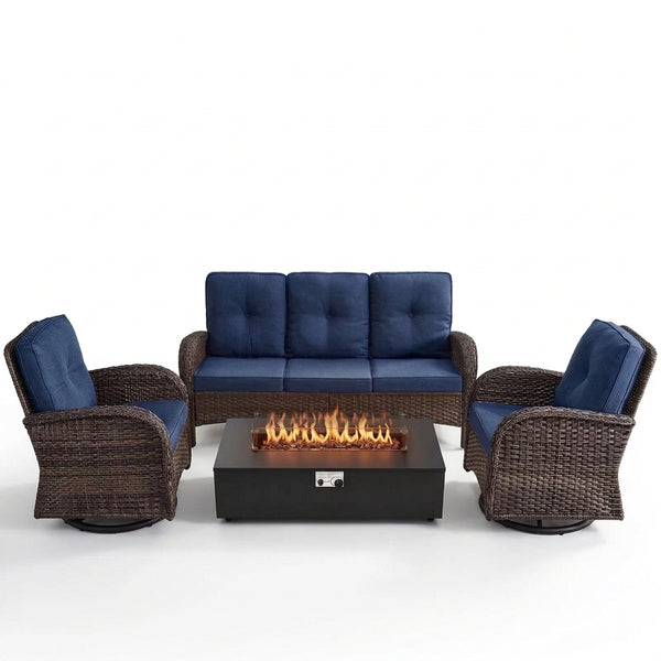 5PCS Patio Furniture Sets with Fire Pit, Brown Wicker Outdoor Patio Furniture Set with Couch, Outdoor Swivel Chair, and 43" Propane Firepit Table for Porch, Deck, Backyard