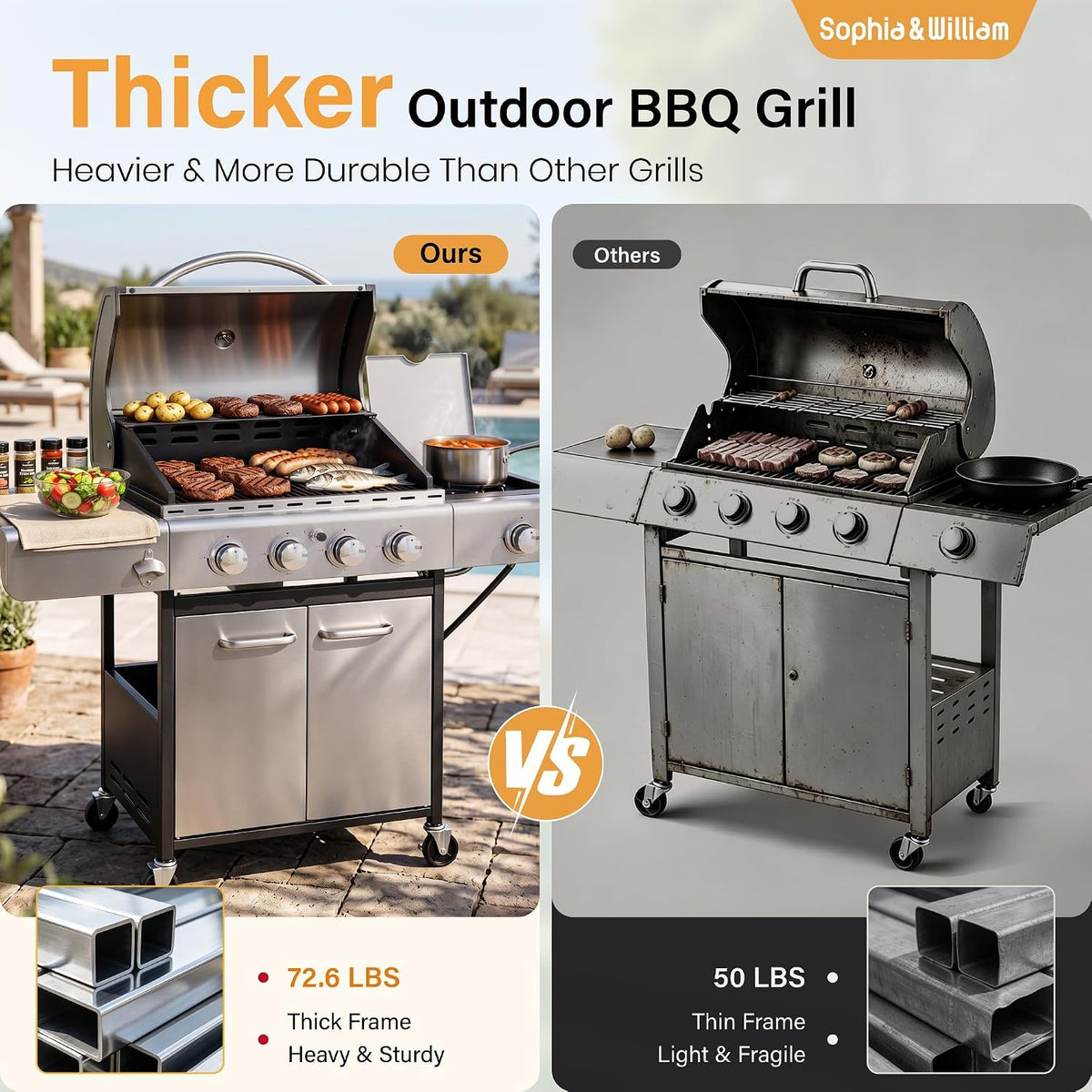Propane Gas BBQ Grills with Side Burner,4 Burner,Silver