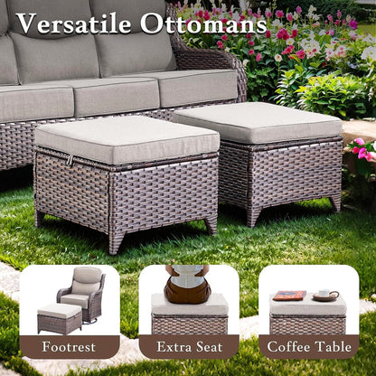 Luxury 9-Piece Outdoor Patio Furniture Set with Fire Pit Table,Swivel Rocker Chairs and 6" Thick Cushions,Wicker Sofa and Ottomans,Patio Conversation Sets for Porch Deck Garden Backyard