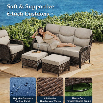 Luxury 9-Piece Outdoor Patio Furniture Set with Fire Pit Table,Swivel Rocker Chairs and 6" Thick Cushions,Wicker Sofa and Ottomans,Patio Conversation Sets for Porch Deck Garden Backyard