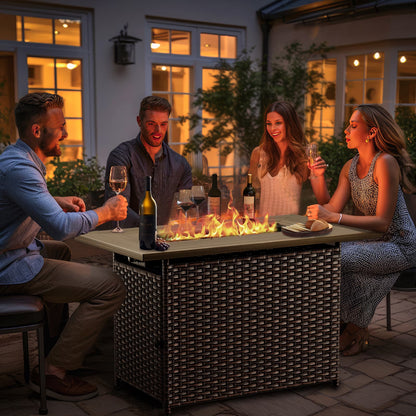 Luxury 6 Pieces Patio Furniture Set with 41” Propane Fire Pit Table,Rattan Outdoor Deep Seating Conversation Set with Swivel Glider Patio Chair and Rattan Sofa for Porch Backyard Balcony