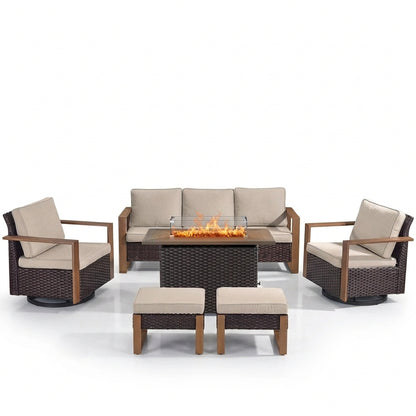 Luxury 6 Pieces Patio Furniture Set with 41” Propane Fire Pit Table,Rattan Outdoor Deep Seating Conversation Set with Swivel Glider Patio Chair and Rattan Sofa for Porch Backyard Balcony