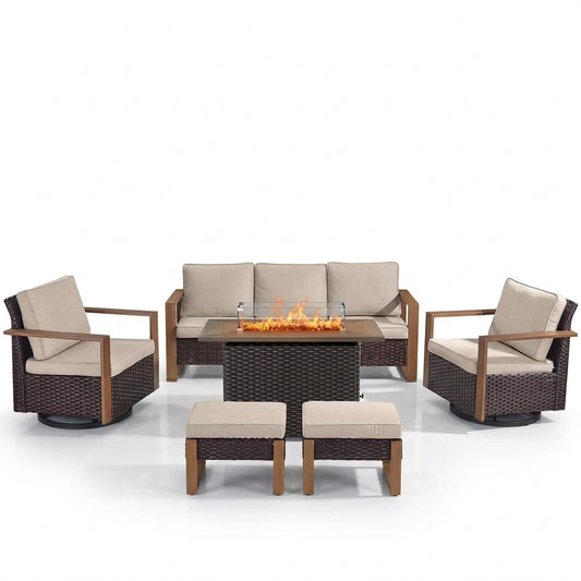 Luxury 6 Pieces Patio Furniture Set with 41” Propane Fire Pit Table,Rattan Outdoor Deep Seating Conversation Set with Swivel Glider Patio Chair and Rattan Sofa for Porch Backyard Balcony