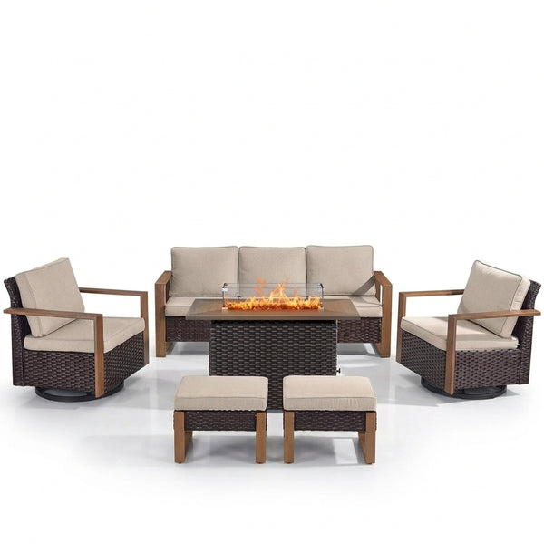 Luxury 6 Pieces Patio Furniture Set with 41” Propane Fire Pit Table,Rattan Outdoor Deep Seating Conversation Set with Swivel Glider Patio Chair and Rattan Sofa for Porch Backyard Balcony