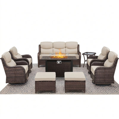 Luxury 9-Piece Outdoor Patio Furniture Set with Fire Pit Table,Swivel Rocker Chairs and 6" Thick Cushions,Wicker Sofa and Ottomans,Patio Conversation Sets for Porch Deck Garden Backyard