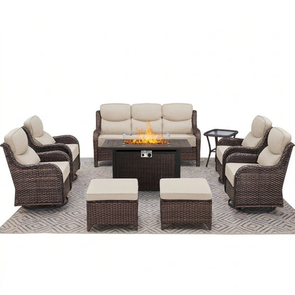 Luxury 9-Piece Outdoor Patio Furniture Set with Fire Pit Table,Swivel Rocker Chairs and 6" Thick Cushions,Wicker Sofa and Ottomans,Patio Conversation Sets for Porch Deck Garden Backyard