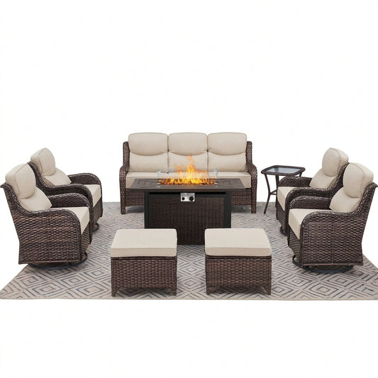 Luxury 9-Piece Outdoor Patio Furniture Set with Fire Pit Table,Swivel Rocker Chairs and 6" Thick Cushions,Wicker Sofa and Ottomans,Patio Conversation Sets for Porch Deck Garden Backyard