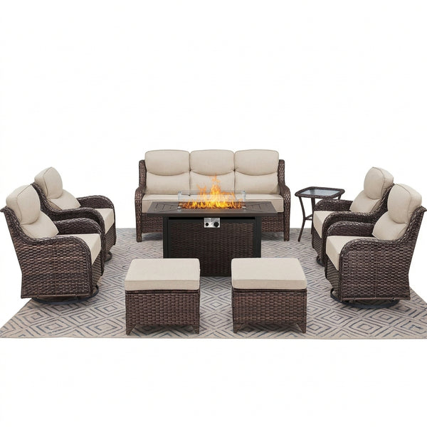 Luxury 9-Piece Outdoor Patio Furniture Set with Fire Pit Table,Swivel Rocker Chairs and 6" Thick Cushions,Wicker Sofa and Ottomans,Patio Conversation Sets for Porch Deck Garden Backyard