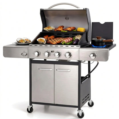 Propane Gas BBQ Grills with Side Burner,4 Burner,Silver